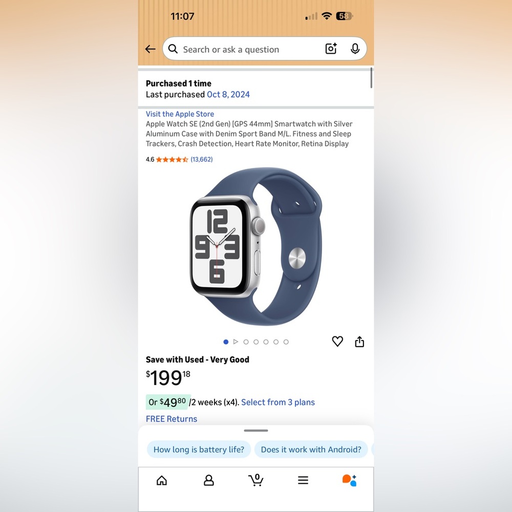 NEW Apple Watch SE (2nd Gen) 44mm Silver, with Navy Blue Band size M/L